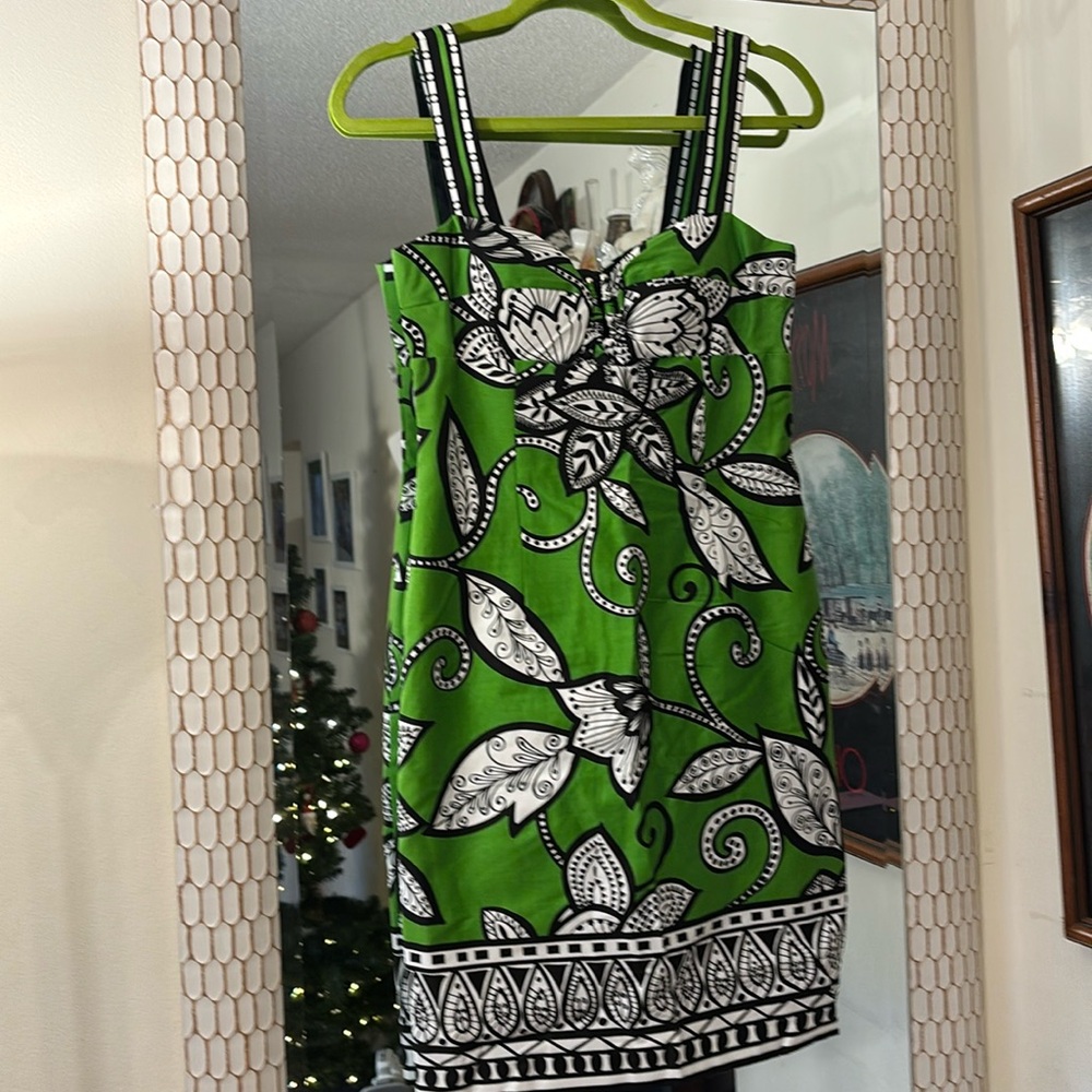 NWT Muse Cotton Stretch Green White Black Floral Print Sleeveless Dress 4